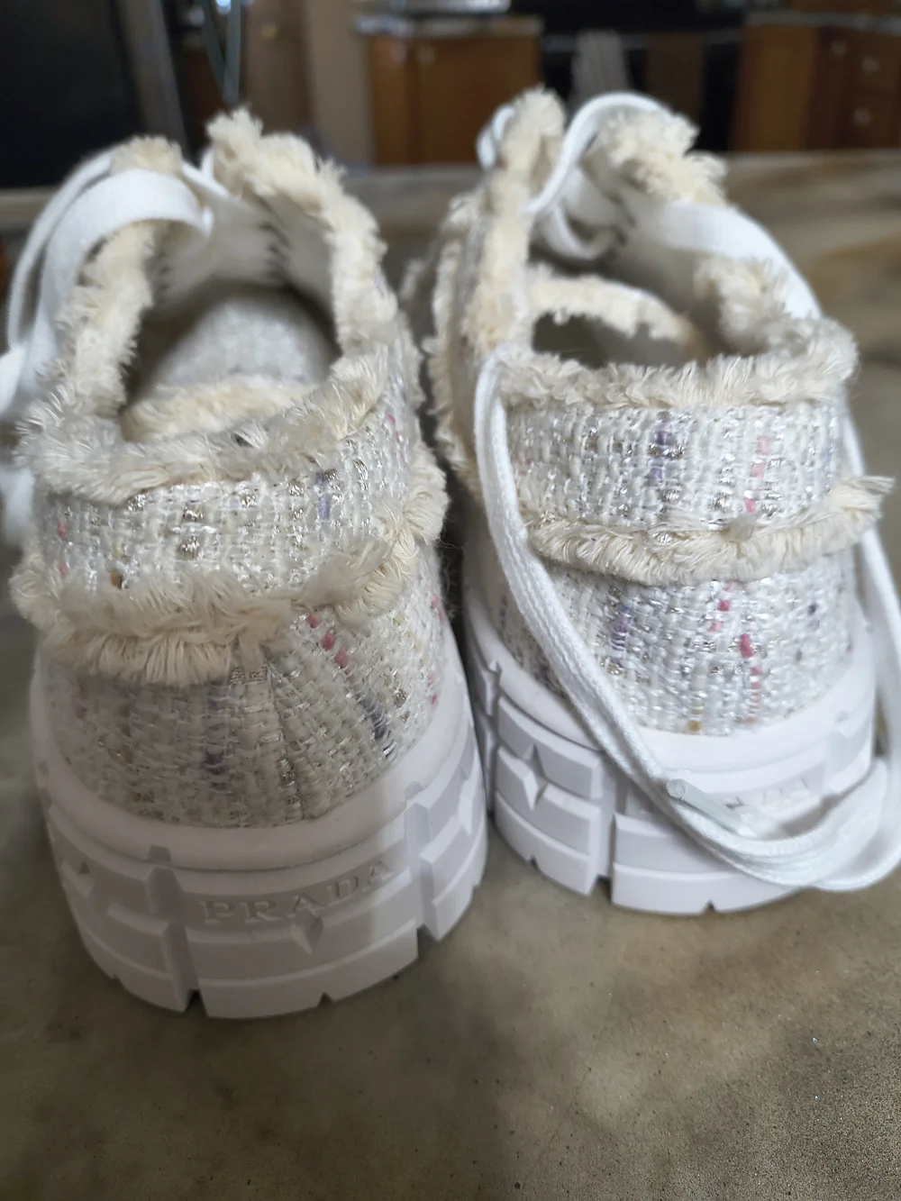 Textured Cream Platform Sneakers with Frayed Trim With Platform Sole